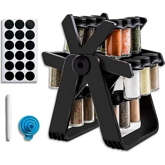 Rotating spice rack organizer with 18 glass jars 360 turntable kitchen storage s - Picture 5 of 8
